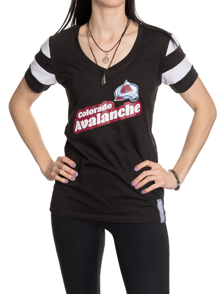 Official Licensed NHL Ladies' Retro Varsity Short Sleeve Vneck Tshirt--Colorado Avalanche