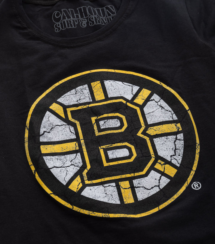 Boston Bruins Women's Distressed Print Fitted Crew Neck Premium T-Shirt - Black