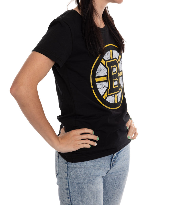 Boston Bruins Women's Distressed Print Fitted Crew Neck Premium T-Shirt - Black