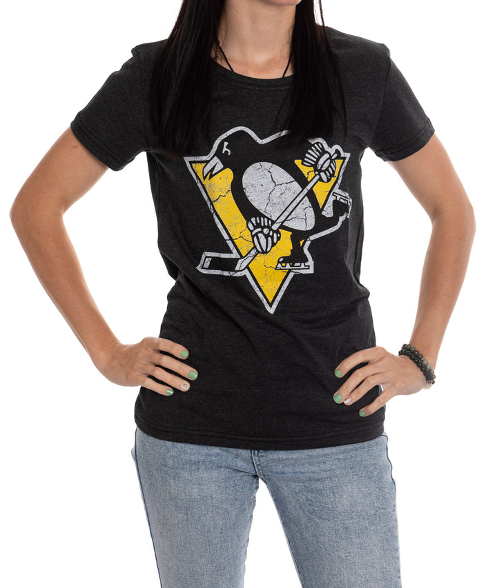 Pittsburgh Penguins Women's Distressed Print Fitted Crew Neck Premium T-Shirt - Black