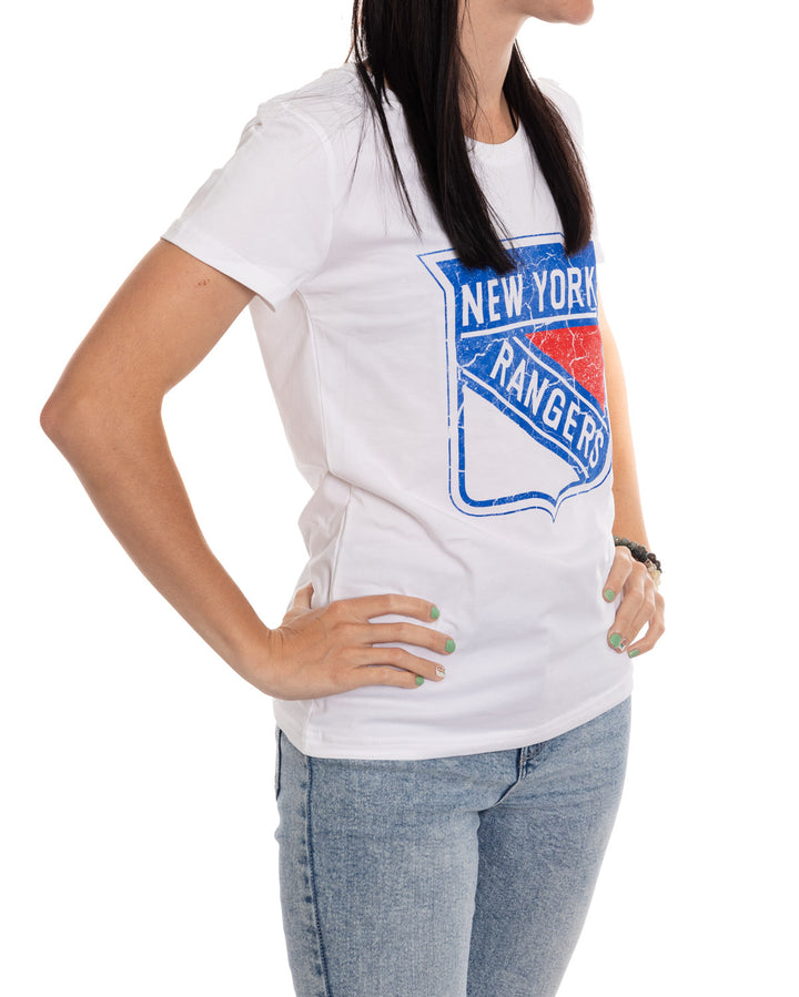 New York Rangers Women's Distressed Print Fitted Crew Neck Premium T-Shirt - White