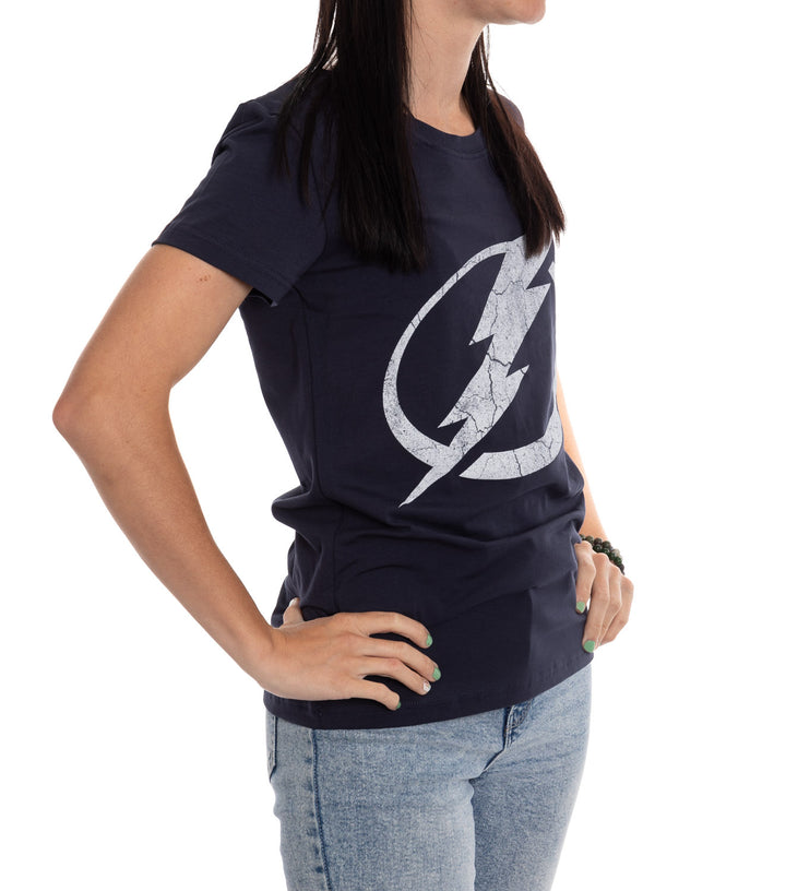 Tampa Bay Lightning Women's Distressed Print Fitted Crew Neck Premium T-Shirt - Navy