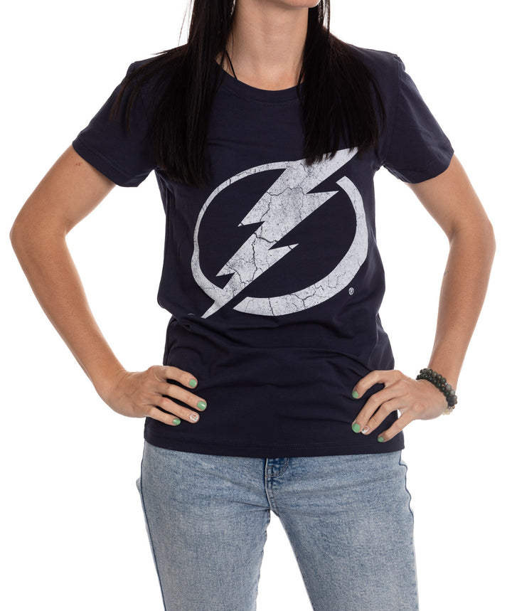 Tampa Bay Lightning Women's Distressed Print Fitted Crew Neck Premium T-Shirt - Navy