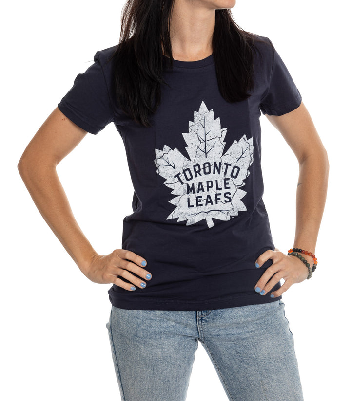 Toronto Maple Leafs Women's Distressed Print Fitted Crew Neck Premium T-Shirt - Navy