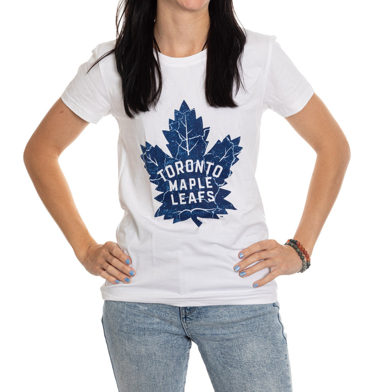 Toronto Maple Leafs Women's Distressed Print Fitted Crew Neck Premium T-Shirt - White