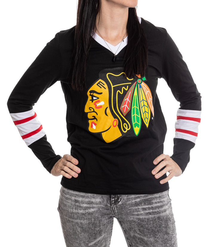 Chicago Blackhawks Women's V-Neck Varsity Long Sleeve Shirt