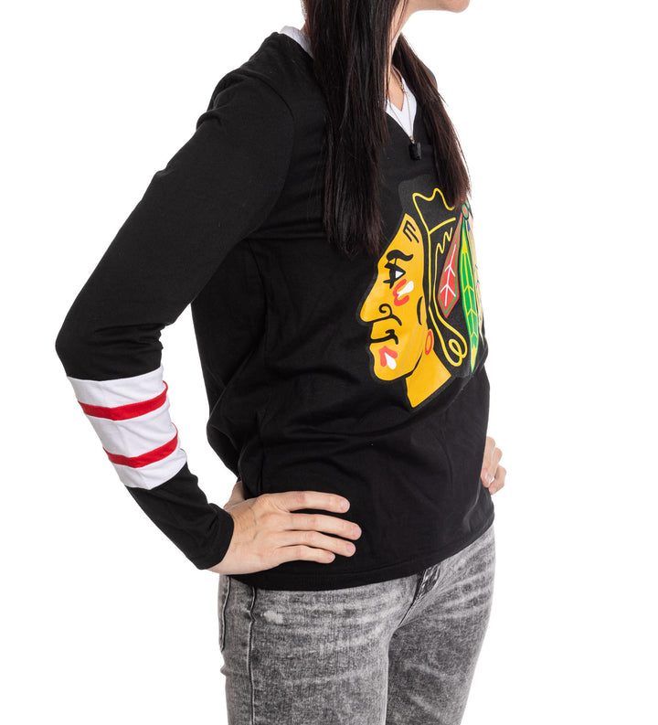 Chicago Blackhawks Women's V-Neck Varsity Long Sleeve Shirt
