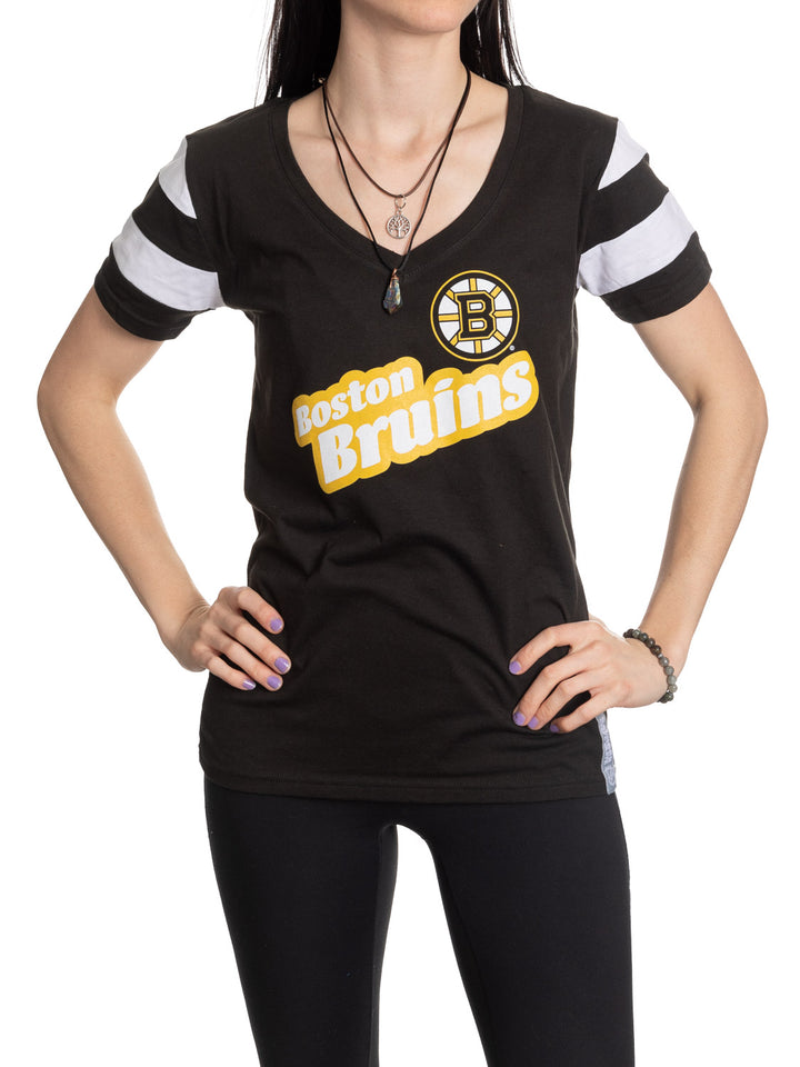 Official Licensed NHL Ladies' Retro Varsity Short Sleeve Vneck Tshirt--Boston Bruins