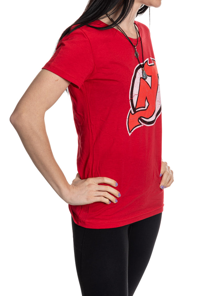New Jersey Devils Women's Distressed Print Fitted Crew Neck Premium T-Shirt - Red