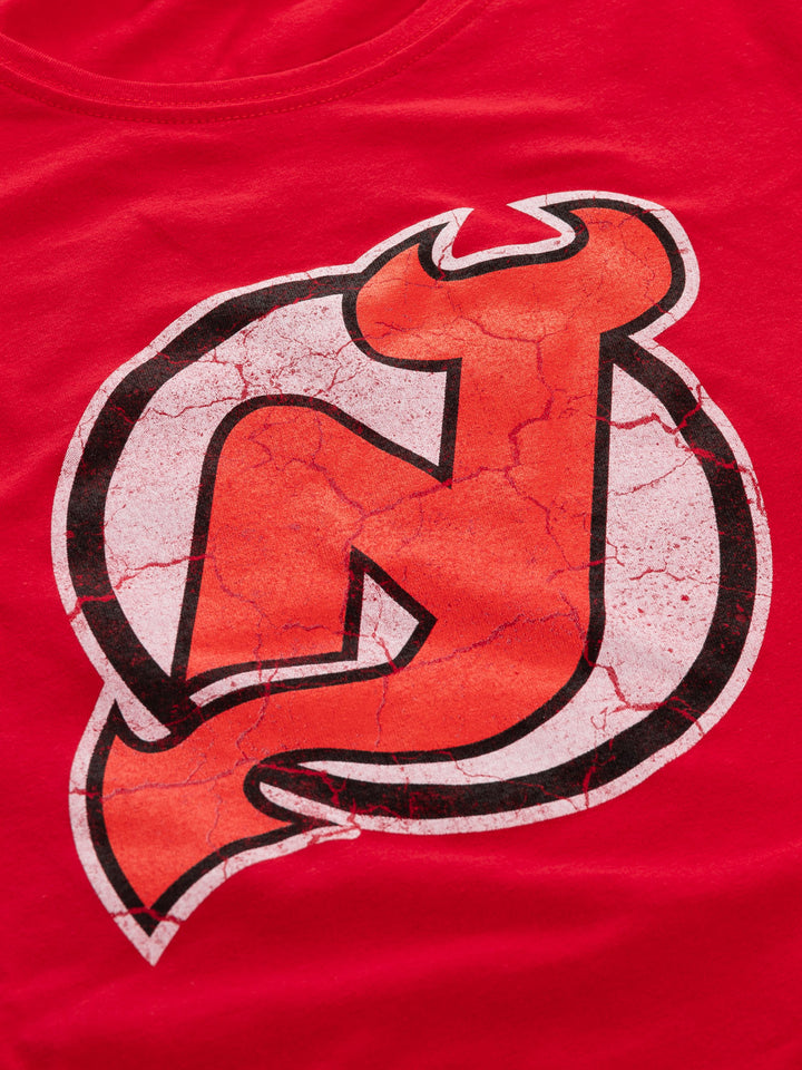 New Jersey Devils Women's Distressed Print Fitted Crew Neck Premium T-Shirt - Red