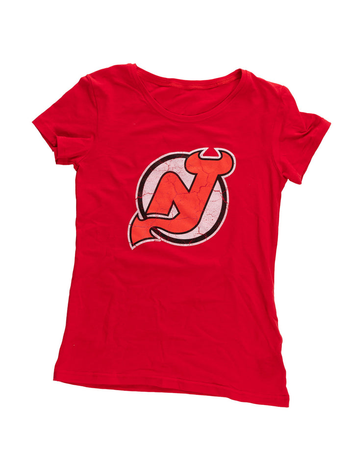 New Jersey Devils Women's Distressed Print Fitted Crew Neck Premium T-Shirt - Red