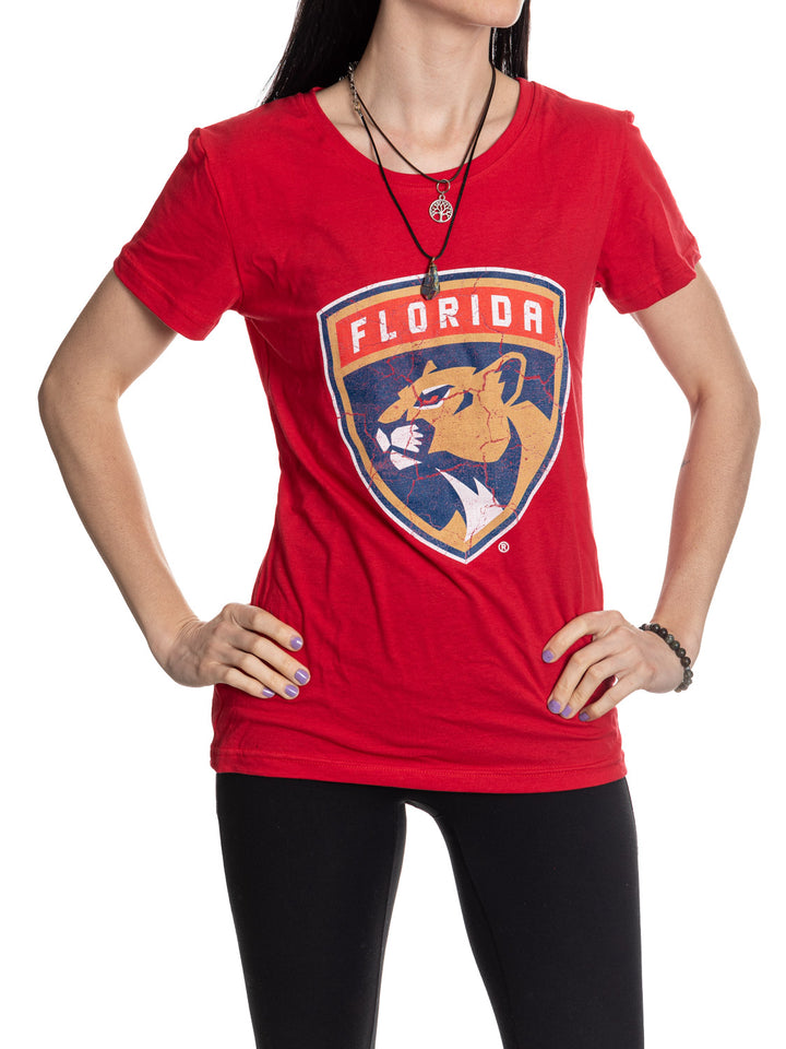 Florida Panthers Women's Distressed Print Fitted Crew Neck Premium T-Shirt - Red