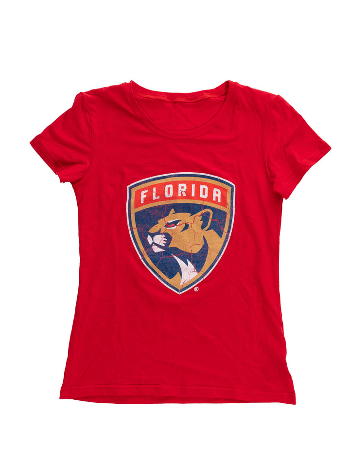 Florida Panthers Women's Distressed Print Fitted Crew Neck Premium T-Shirt - Red