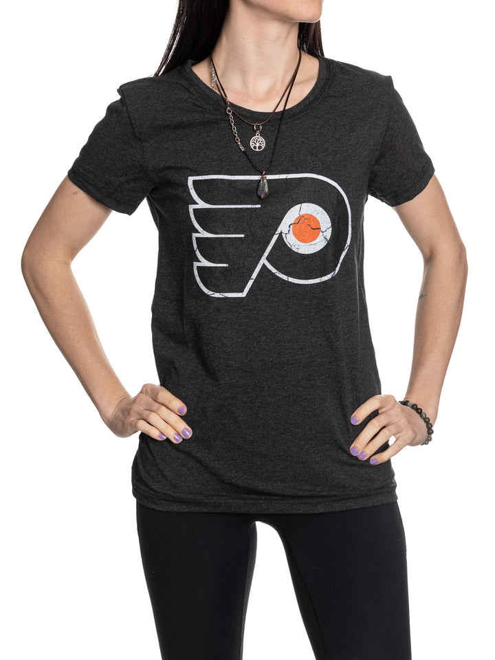 Philadelphia Flyers Women's Distressed Print Fitted Crew Neck Premium T-Shirt - Black