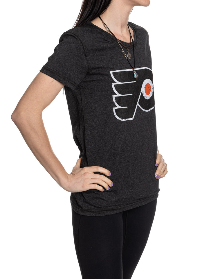 Philadelphia Flyers Women's Distressed Print Fitted Crew Neck Premium T-Shirt - Black