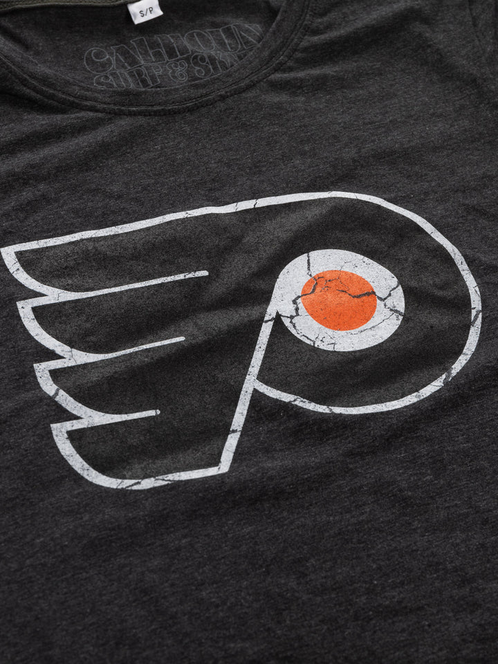 Philadelphia Flyers Women's Distressed Print Fitted Crew Neck Premium T-Shirt - Black