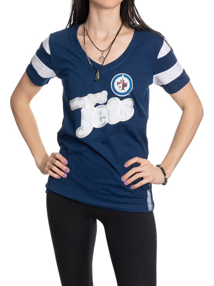 Official Licensed NHL Ladies' Retro Varsity Short Sleeve Vneck Tshirt--Winnipeg Jets