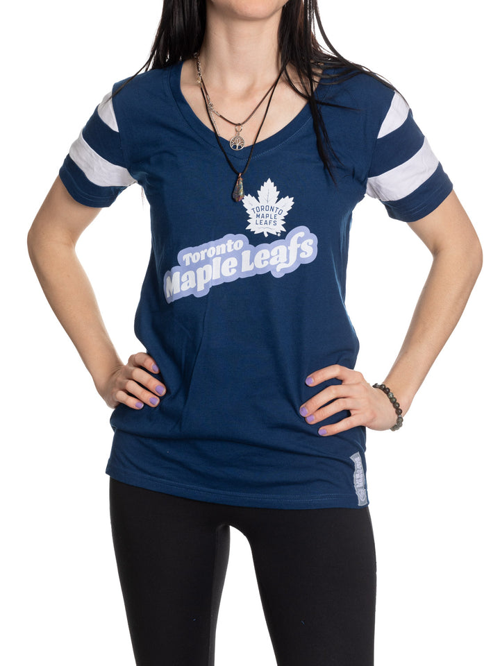 Official Licensed Toronto Maple Leafs Ladies' Retro Varsity Short Sleeve V-neck T-shirt