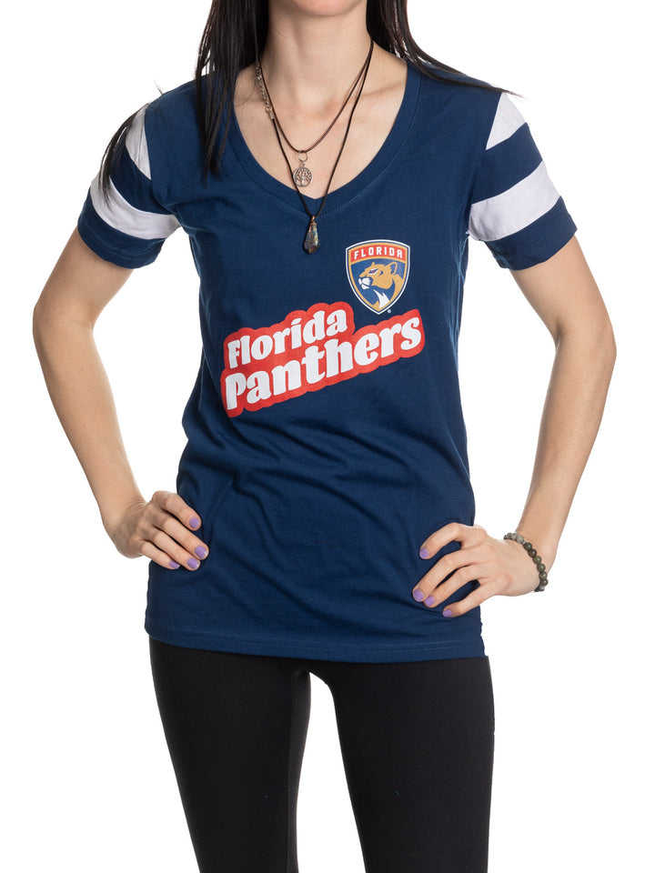Official Licensed NHL Ladies' Retro Varsity Short Sleeve Vneck Tshirt--Florida Panthers