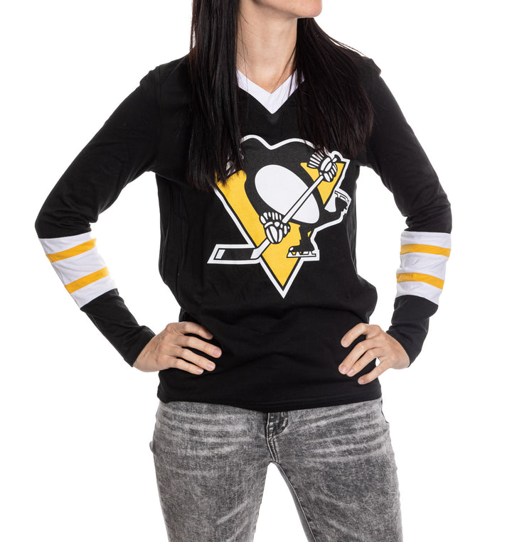 Pittsburgh Penguins Women's V-Neck Varsity Long Sleeve Shirt