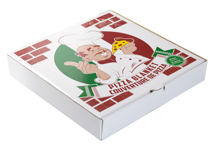 Front of the box the realistic 60 inch round pizza blanket comes in