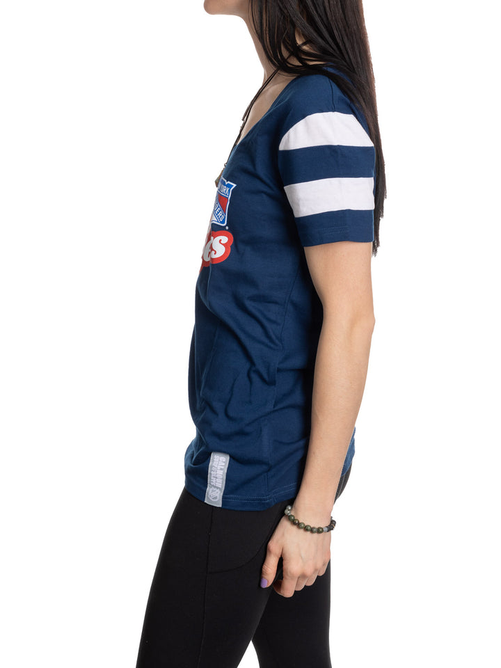 Official Licensed NHL Ladies' Retro Varsity Short Sleeve Vneck Tshirt--New York Rangers
