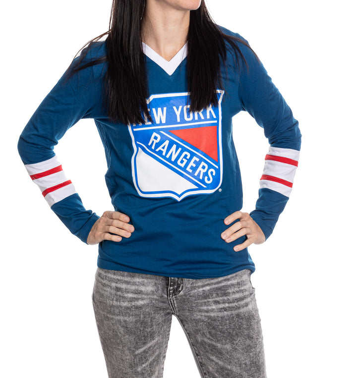 New York Rangers Women's V-Neck Varsity Long Sleeve Shirt