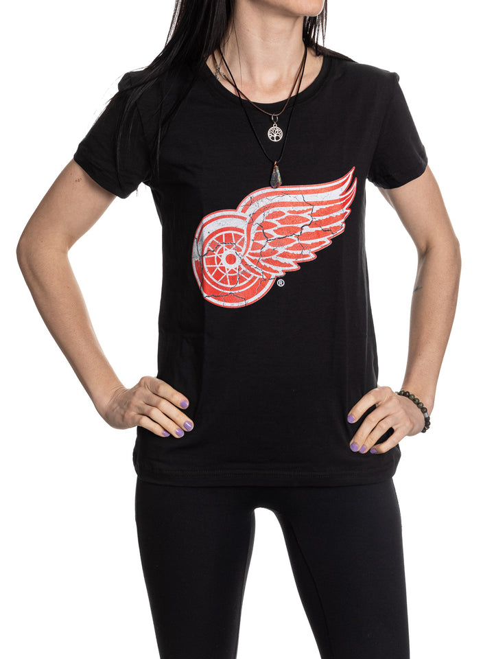 Detroit Red Wings Women's Distressed Print Fitted Crew Neck Premium T-Shirt - Black