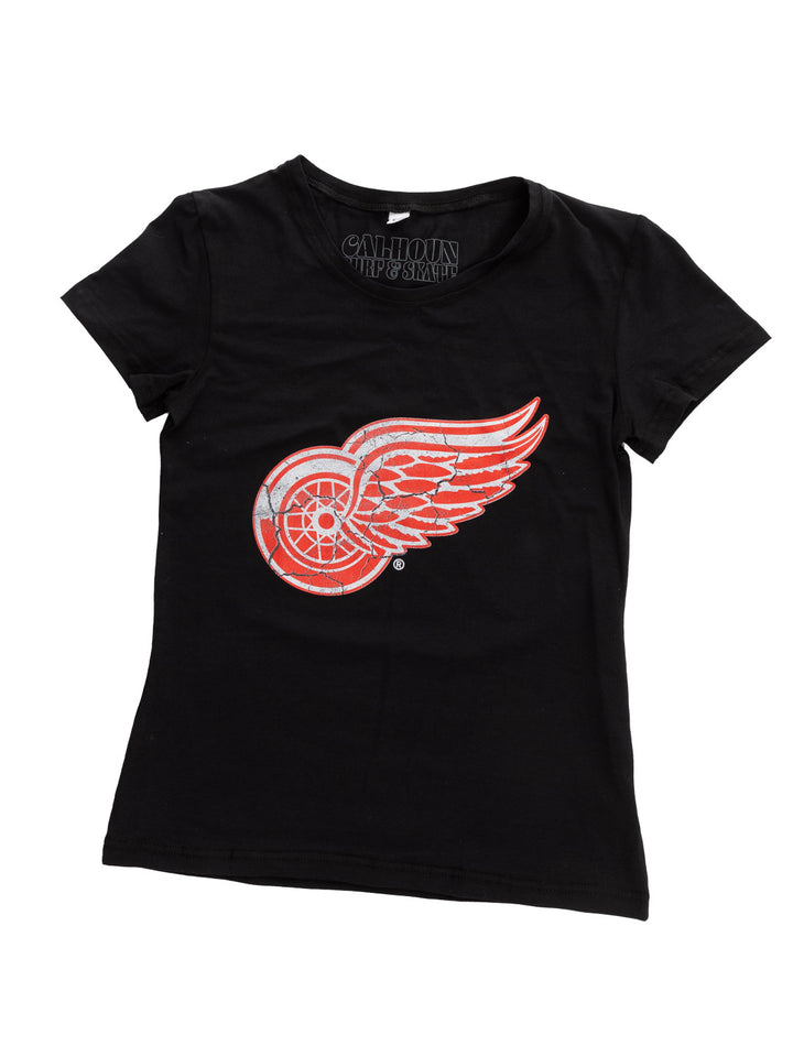 Detroit Red Wings Women's Distressed Print Fitted Crew Neck Premium T-Shirt - Black