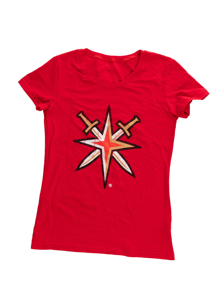 Vegas Golden Knights Women's Distressed Print Fitted Crew Neck Premium T-Shirt - Red