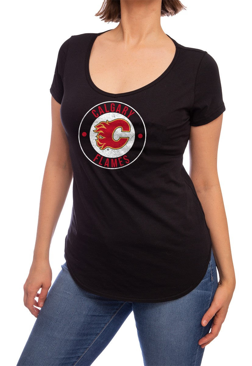 NHL ladies V Neck Short Sleeve Casual Tunic T-Shirt- Calgary Flames Front