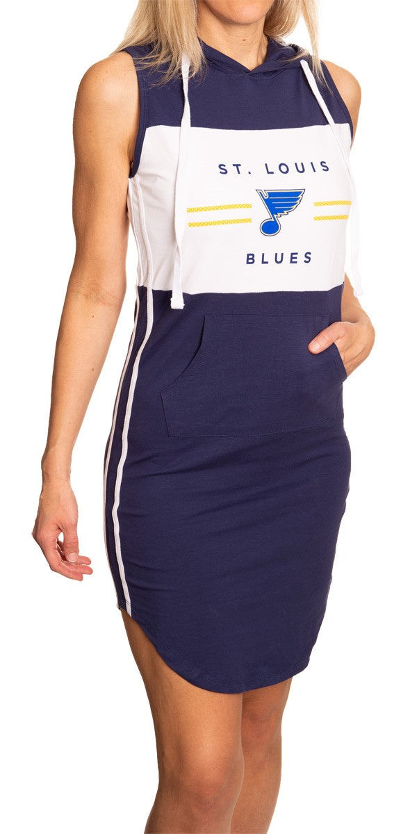 Ladies NHL Side Stripe Casual Pullover Sleeveless Hoodie Dress- St. Louis Blues Full Side View With Stripe and Front Pocket