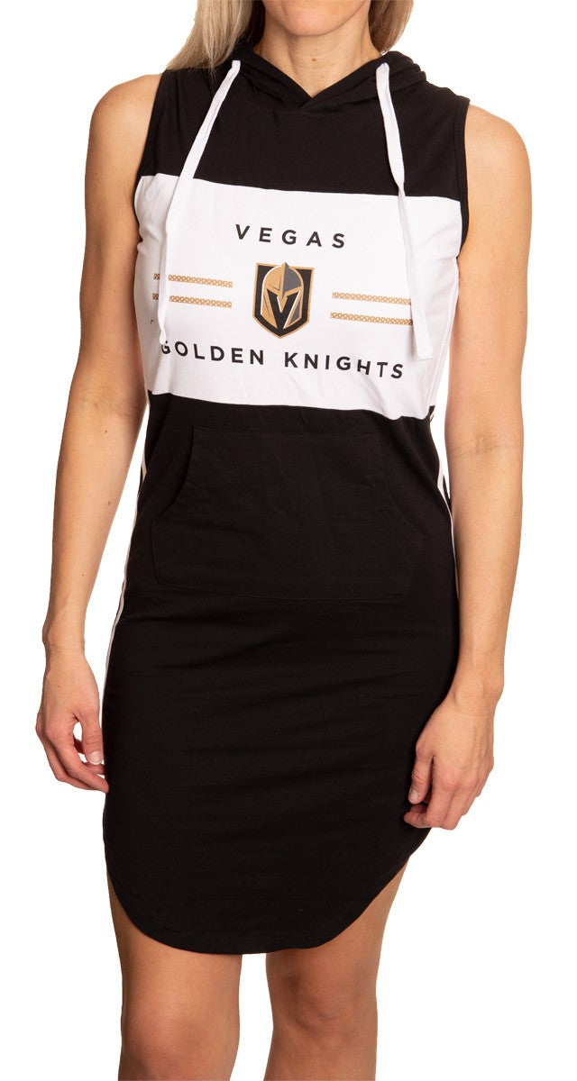 Ladies NHL Side Stripe Casual Pullover Sleeveless Hoodie Dress- Vegas Golden Knights Full Front View With Team Logo on Two Tone Dress