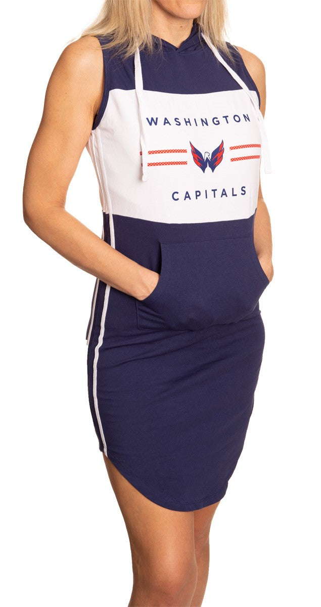 Ladies NHL Side Stripe Casual Pullover Sleeveless Hoodie Dress- Washington Capitals Full Length Side View Woman Hands in Dress With Side Stripe Showing 