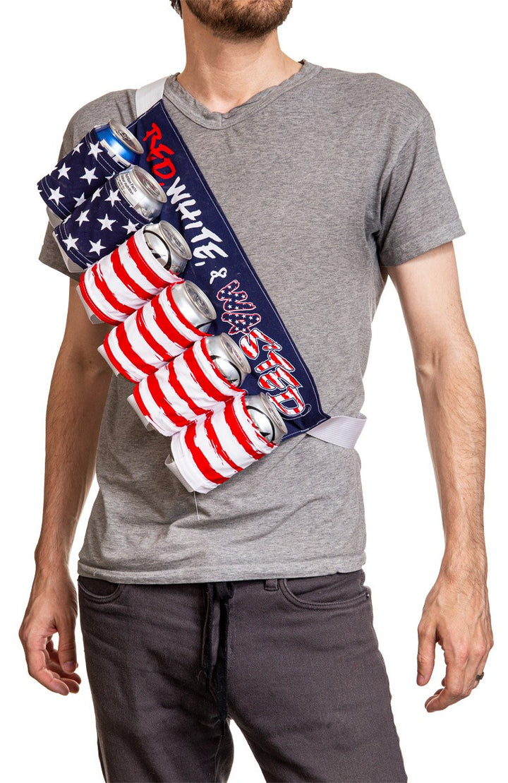 Novelty Beverage Holder Beer Belt - "Red, White & Wasted" Man Wearing Belt Cross Body Style