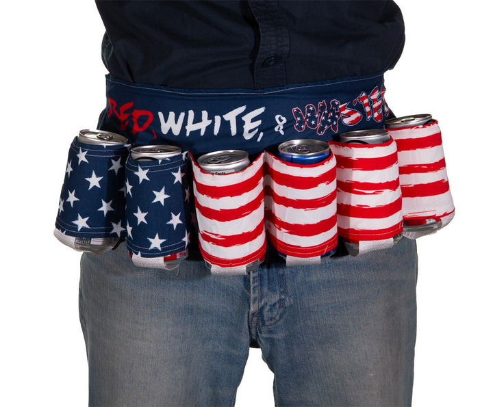 Novelty Beverage Holder Beer Belt - "Red, White & Wasted" Man Wearing Belt Around The Waist