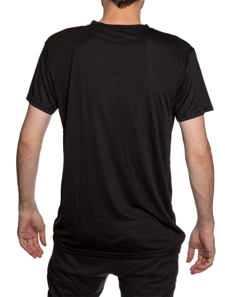 Men's Officially Licensed NHL Distressed Lines Short Sleeve Performance Rashguard Wicking T-Shirt- Pittsburgh Penguins Full Length Photo Of Man Wearing T Shirt