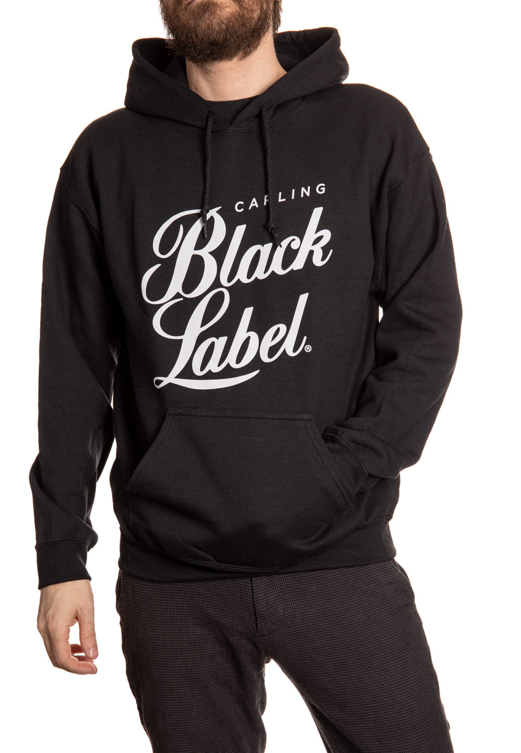Carling Black Label Hoodie Front View. Black Sweater With White Print.