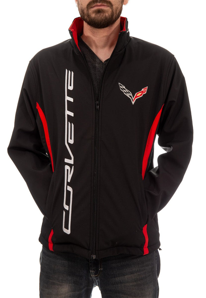 Chevrolet Corvette Men's Jacket- Black Front With Corvette Wording Down The Front On One Side and Breast Crest of fleur-de-lis On Other Side