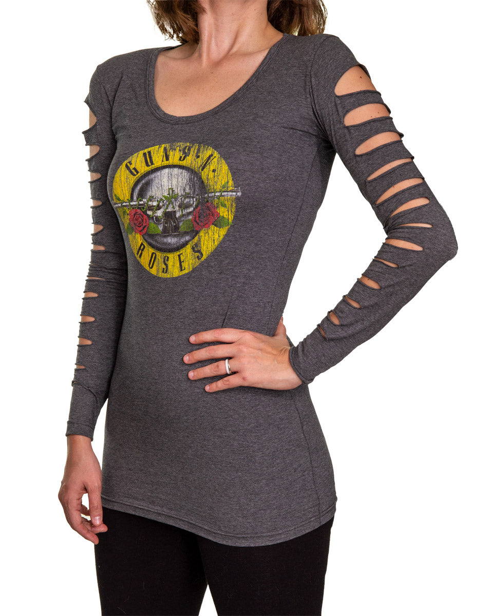 Guns N Roses Ladies Distressed Logo Long Sleeve Cover Up Cut Shirt- Charcoal Side View