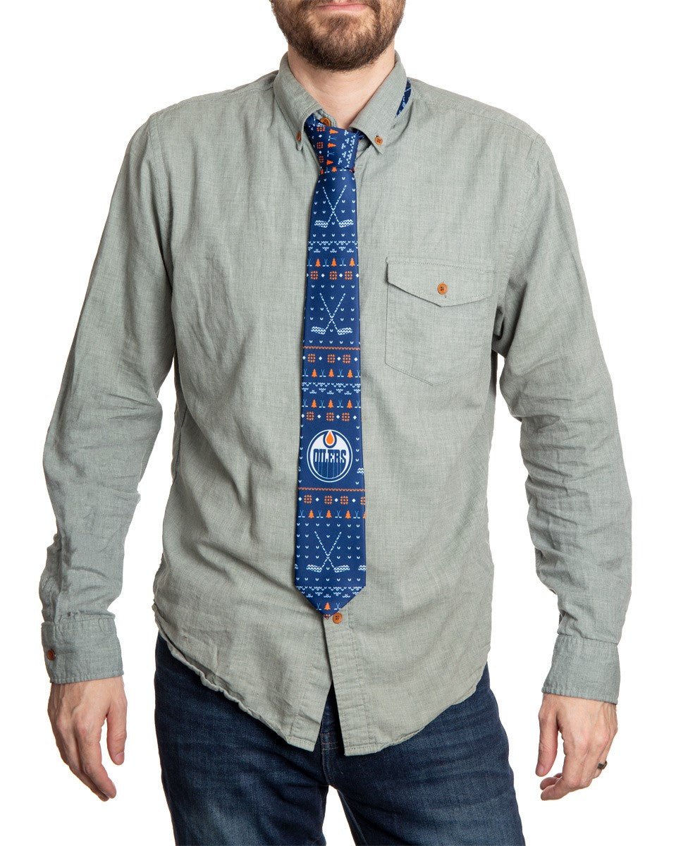 Edmonton Oilers Ugly Christmas Tie Modeled.
