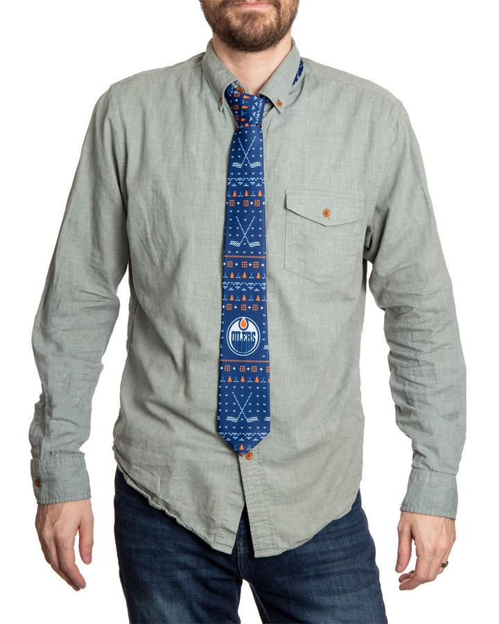 Edmonton Oilers Ugly Christmas Tie Modeled.