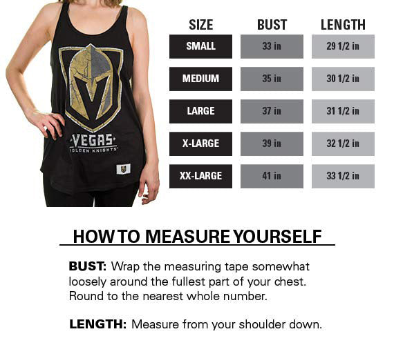 NHL Ladies Flowy Tank Top-Vegas Golden Knights Size Chart