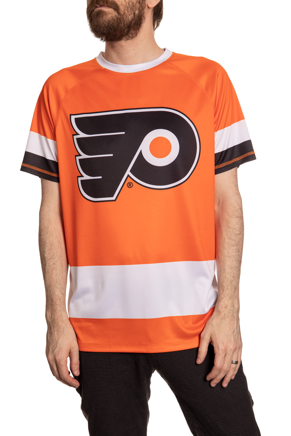 Philadelphia Flyers Short Sleeve Rashguard Front View. Orange Shirt With Black and White Accents.