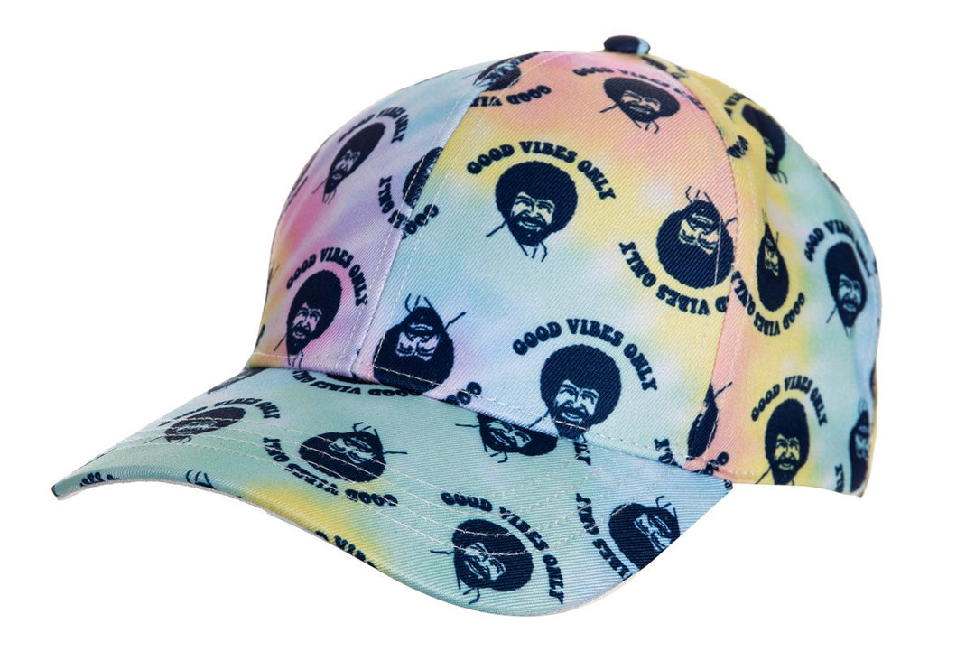 Officially Licensed Bob Ross "Good Vibes Only" Tie Dye Ball Cap  Full Front View Of Ball Cap With Bob Ross Face Print All Over Cap