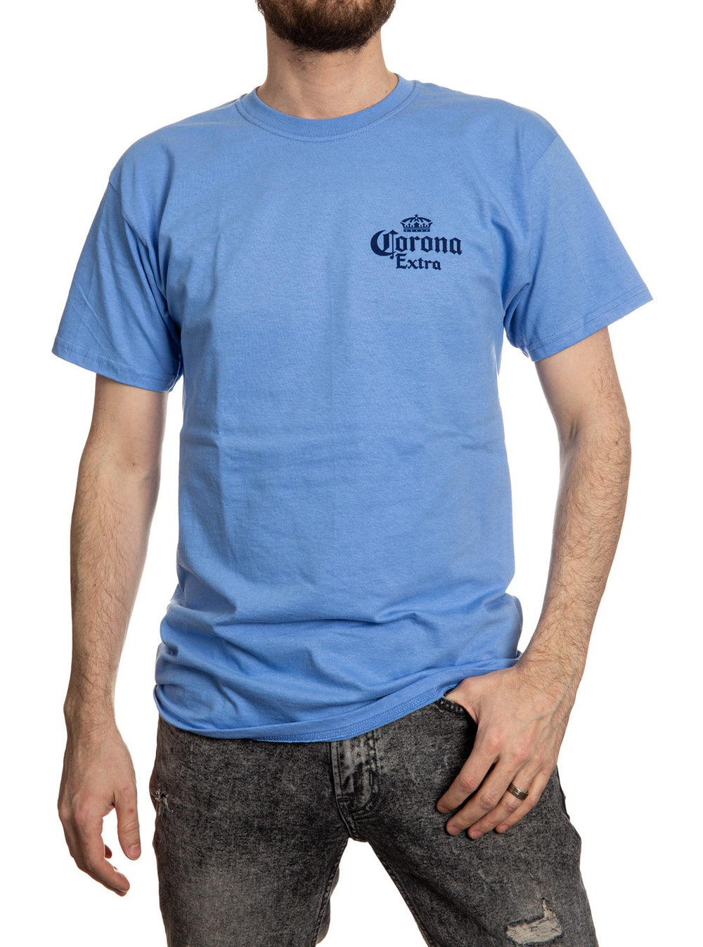 Corona Extra Beachside T-Shirt In Carolina Blue Front.