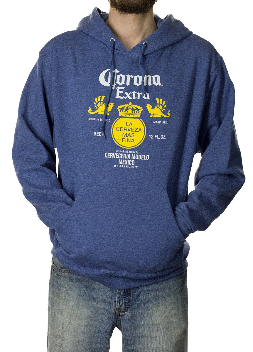 Mens Corona Extra Bottle Label Hoodie- Heather Blue 
