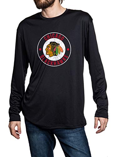 Chicago Blackhawks loose fitting black long sleeve rashguard. Distressed logo in middle of chest.