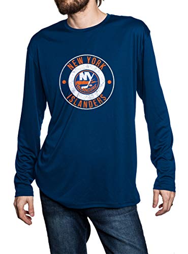 New York Islanders loose fit long sleeve rashguard in blue, front view. Distressed logo in middle of the chest.