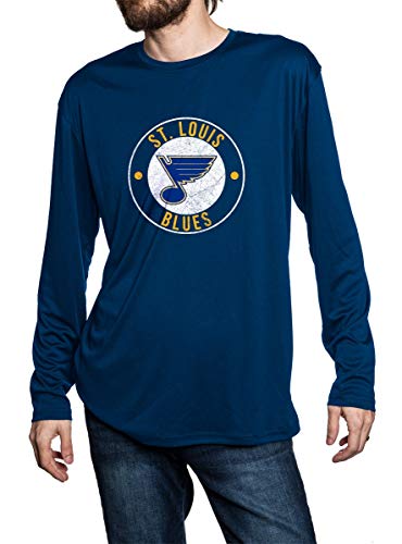 St. Louis Blues loose fit long sleeve rashguard in blue, front view. Distressed logo printed in middle of the chest.